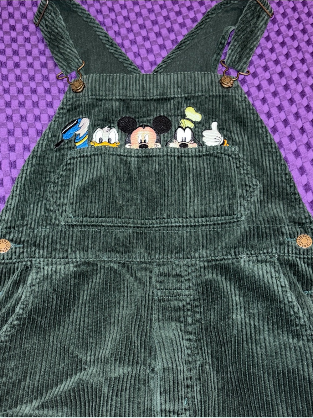 Vintage Disney Dark Green Corduroy Overalls with Mickey, Donald & Goofy